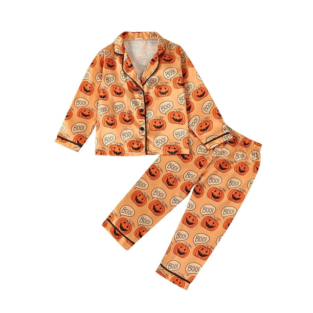 EWODOS-Conjunto de pijamas de Halloween para niños y niñas, ropa de dormir con estampado de calabaza, Tops de manga larga con botones, pantalones largos, traje de salón de 2 piezas