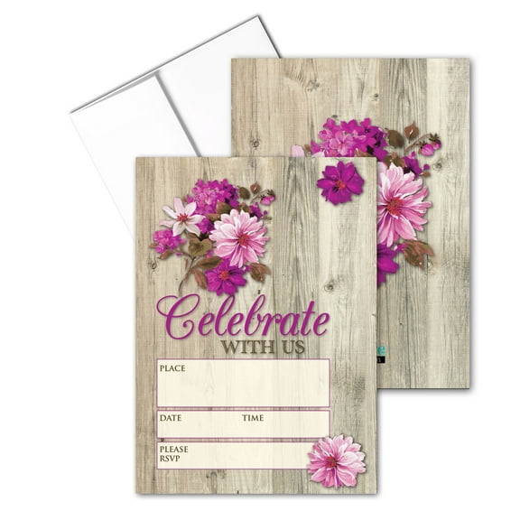 Fuchsia Floral Party Invitations - 25 Invites with Envelopes - B15246