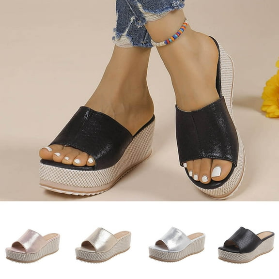 Women Summer Sandals Plus-size Thick Soled One-line Slippers Comfortable Fish Mouth Wedge Sandals