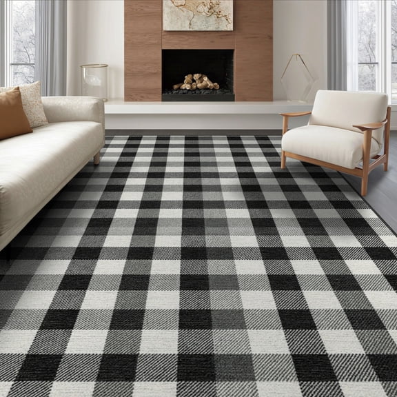 ODIKA 8'x10' Washable Area Rug Plaid Large Checkered Bold Border Doormat Layering Front Under Flowing Dynamic for King Size Bedroom Bed, Master Suite, Non-Shedding, Easy Care
