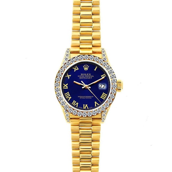 Pre-Owned Rolex Datejust 26MM 69178 Blue Roman Dial Diamond Bezel 18K Yellow Gold President Bracelet 1.2ct
