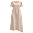 thumbnail image 6 of Dvprdro Crewneck Short Sleeve Cotton Linen Midi Dress for Women Side Pockets Loose A Line Summer Vacation Casual Solid, 6 of 7