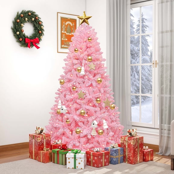 Uforic 6ft Pre-lit Spruce Artificial Christmas Tree with 947 PVC Tips & 250 Lights, Pink
