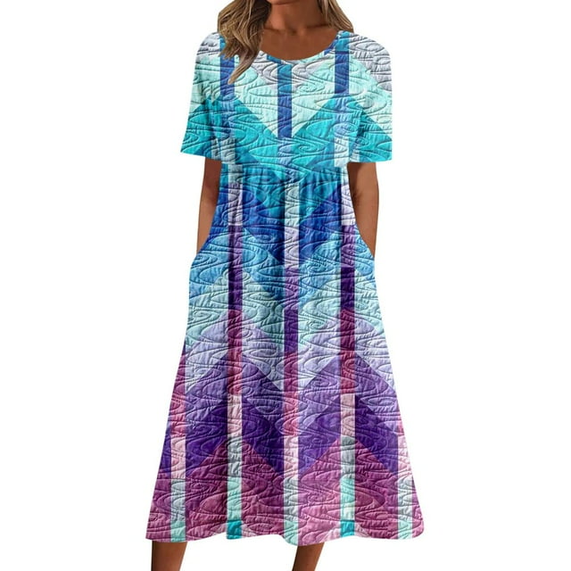 CHOK Robes d'Été pour Femmes à Boutons avec Poches Grande Taille Bohème Décontractée Longue Robe Maxi Imprimé Floral Manches Courtes Col en V Longueur sous le Genou Évasée Ligne A Maison Ample Robes Soleil