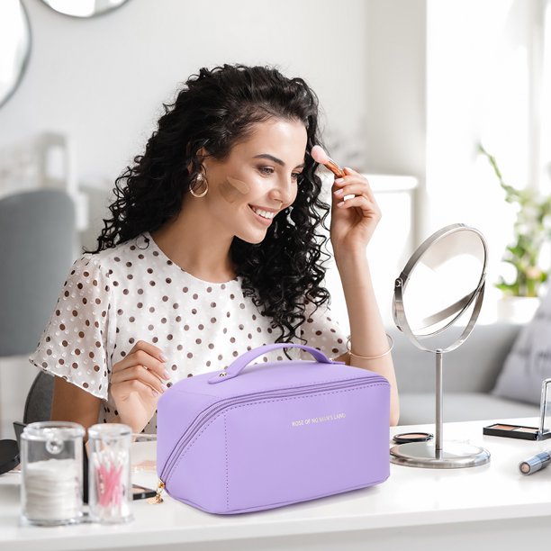Bolso del organizador del artículo de tocador del maquillaje de la PU con los divisores y el diseño de gran abertura de la manija