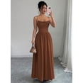 thumbnail image 7 of Coffee Womens Elegant Spaghetti Strap Ruched Waist Flowing Maxi Dress For Wedding Guest Or Formal Occasion, 7 of 7
