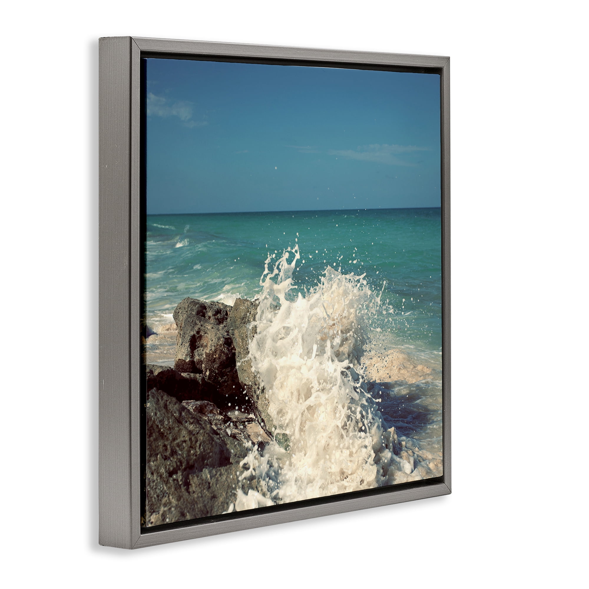 Stupell Industries Splashing Beach Spray Coastal Photography Gray Floater Framed Canvas Art Print Wall Art, 25 x 25
