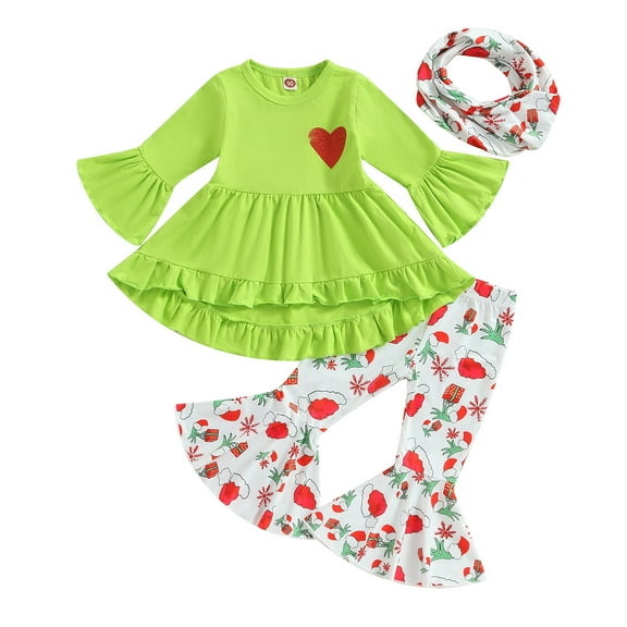 Kid Girls Fall Outfits Ruffles Long Sleeve TopsSanta Hat 12M 18M 24M 3Y 4Y 5Y  Neckerchief 3Pcs Christmas Clothes Set
