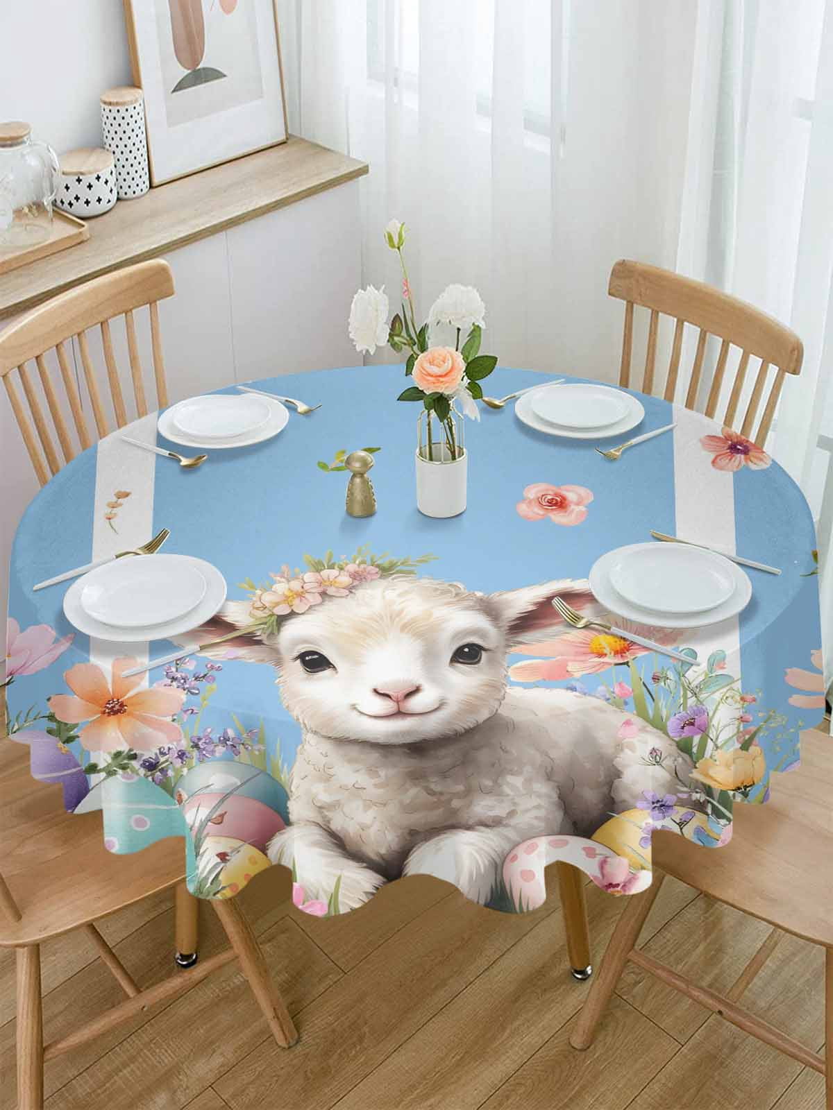 Round Tablecloth Spring Floral Easter Waterproof Oil Proof Polyester Table Cloth Cover Decor for Home Dining Outdoor,Patio,Parties, 54" Dia. Cute Lambs Eggs Blue Striped