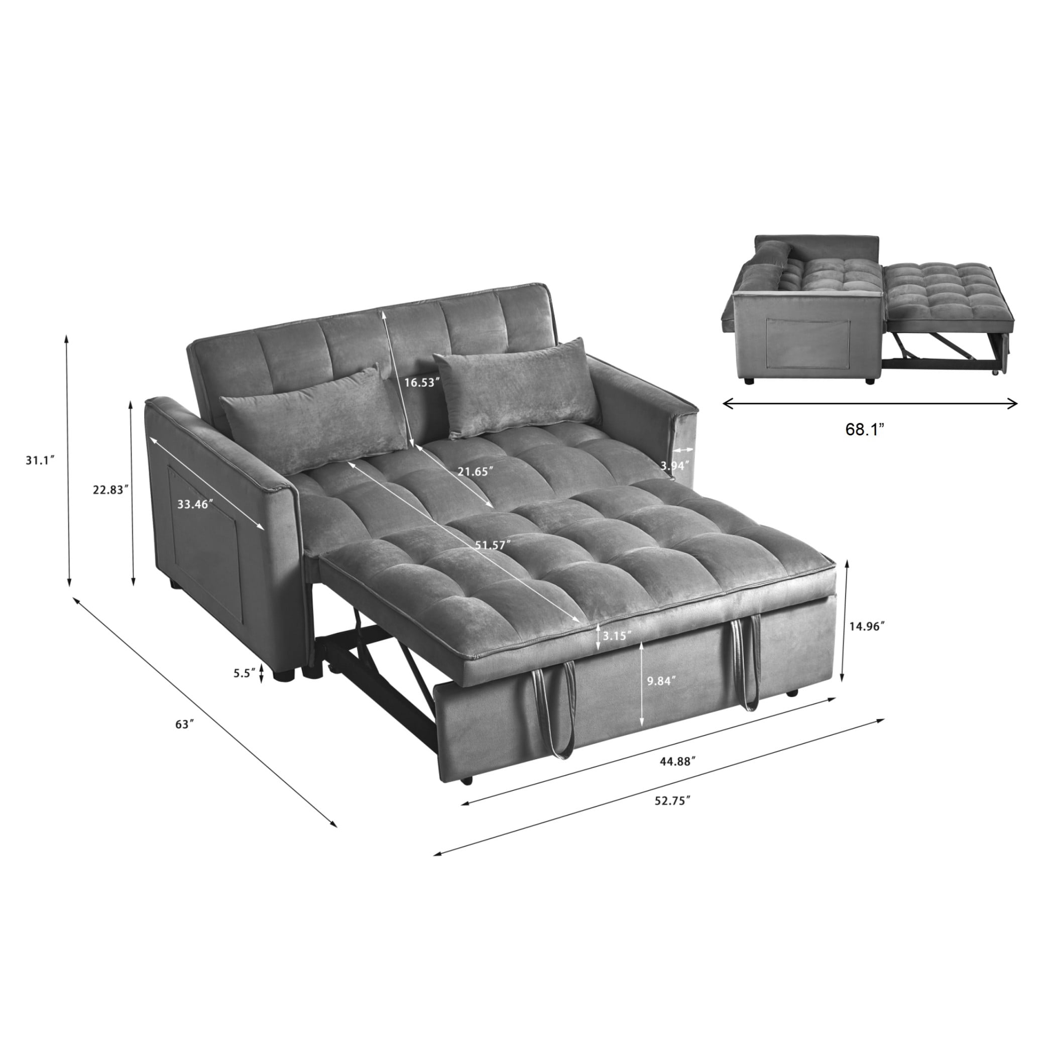 BSHTI 3 in 1 Convertible Pull-Out Loveseat Sofa Bed with 3-Level Adjustable Backrest – Velvet Tufted Sleeper Chair with Side Pockets for Small Spaces, Apartment, Office,Dark gray