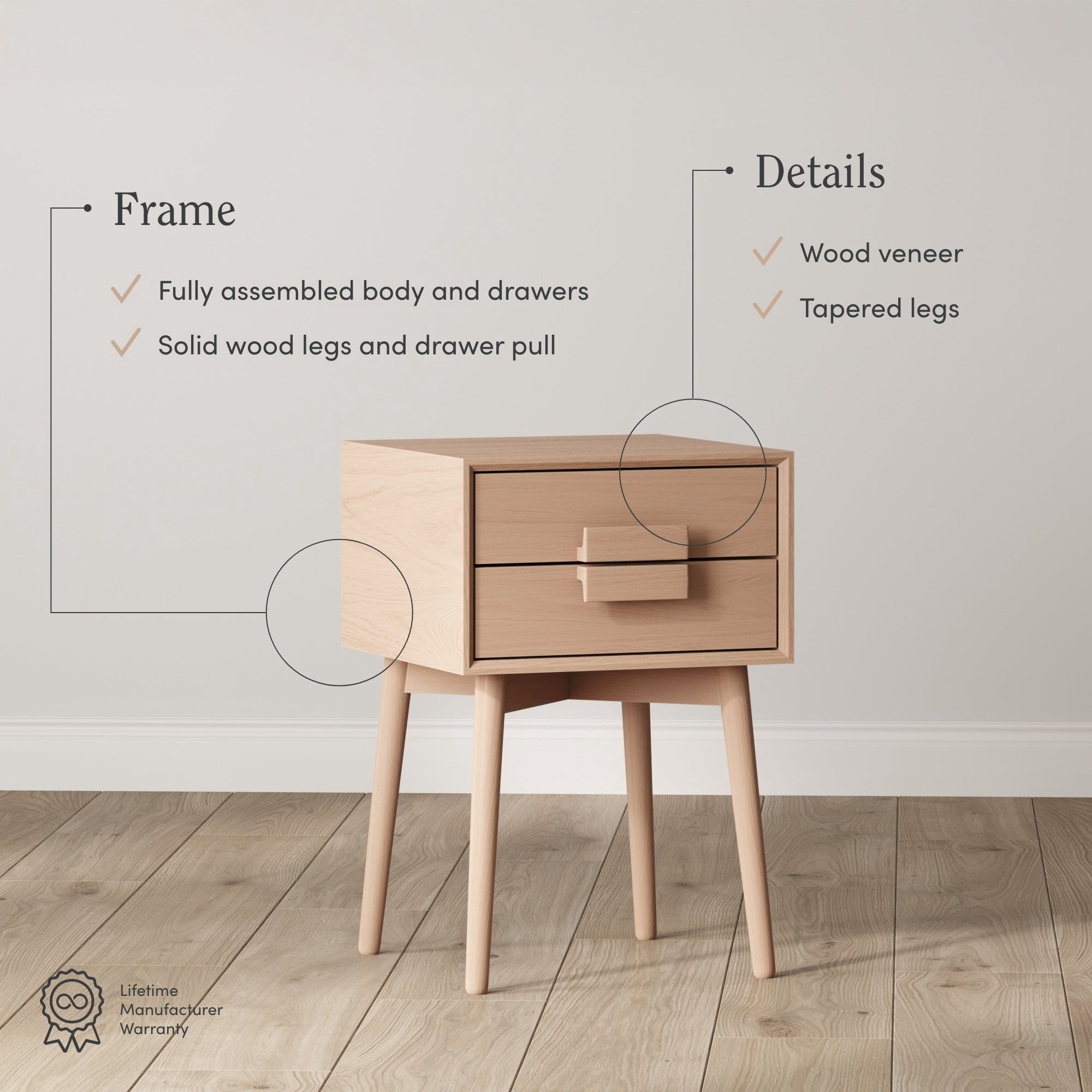 Nathan James Harper 2-Drawer Mid Century Modern Nightstand, Solid Wood Nightstand in Raw Oak