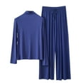 thumbnail image 2 of pstuiky Womens Pajama Set Fashion Solid Color Lace Pajama Sets with Pants Casual Loose Fit Crew Neck Long Sleeve Sleepwear Summer Pjs Blue L, 2 of 4