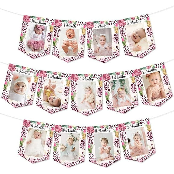 Pink Leopard Printed Photo Banners - 1st Cheetah Themed Birthday Party Decorations, First Bday Party Baby Shower Favors for Newborn to 12 Months Girls