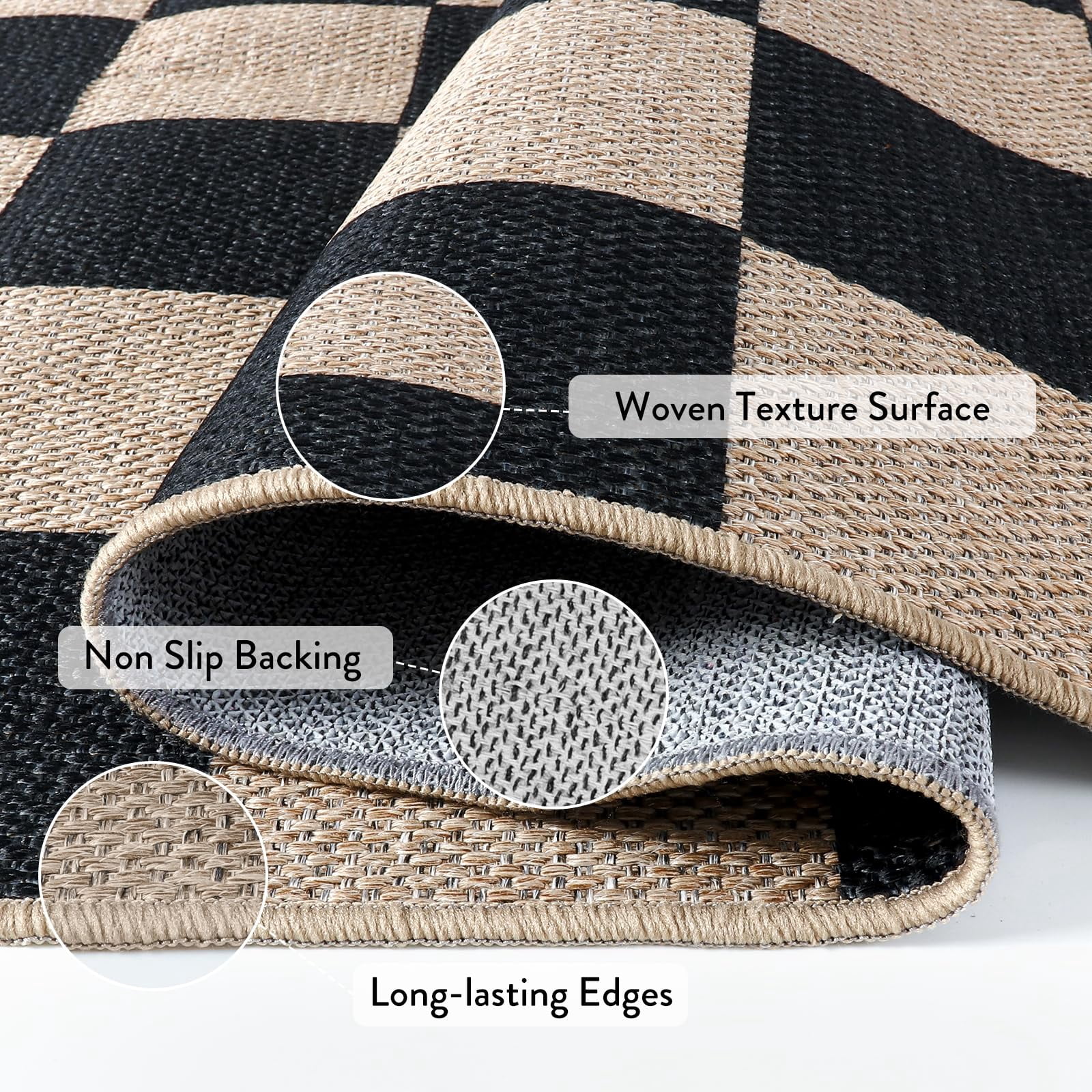 Lahome 5'x7' Checkered Easy Jute Area Rug,Outdoor Patio Rug Washable Rugs for Entryway Checkerboard Indoor Outdoor Living Room Classroom Rugs,Farmhouse Neutral Non Slip Black Carpet for Bedroom