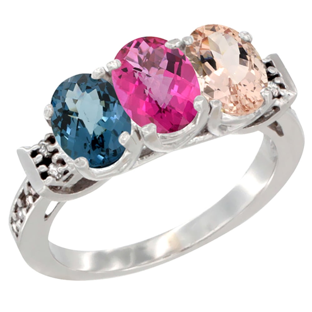 10K White Gold Natural London Blue Topaz, Pink Topaz & Morganite Ring 3-Stone Oval 7x5 mm Diamond Accent, sizes 5 10 by WorldJewels