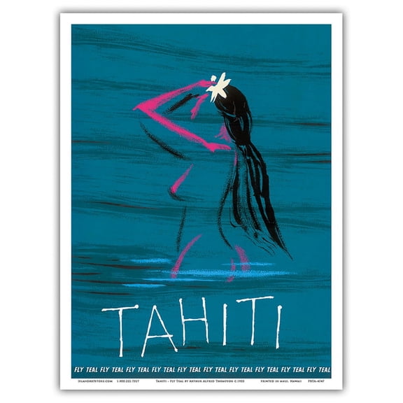 Tahiti - Figure Tahitian Girl - Fly Teal (Tasman Empire Airways Limited) - Vintage Travel Poster by Arthur Alfred Thompson c.1955 - Master Art Print (Unframed) 9in x 12in