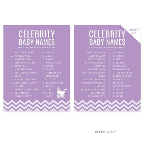Celebrity Name Game Cards Lavender Chevron Baby Shower Games, 20-Pack