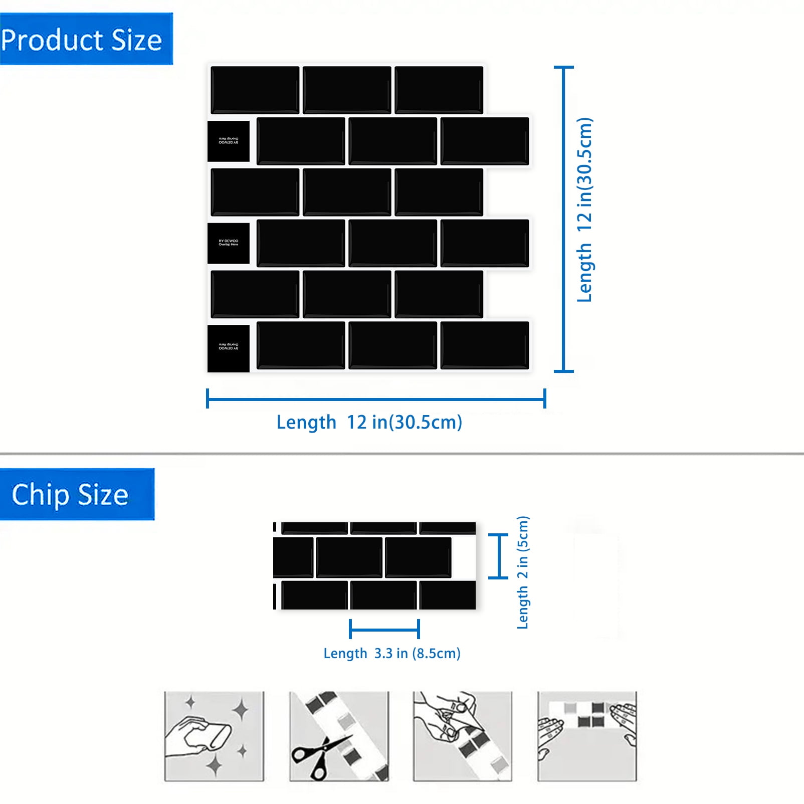 DEWOO Peel and Stick Backsplash - 10 Sheets of 12"×12" - 3D Adhesive Peel and Stick Tile Backsplash for Kitchen, Bathroom, Wall Tile, Black