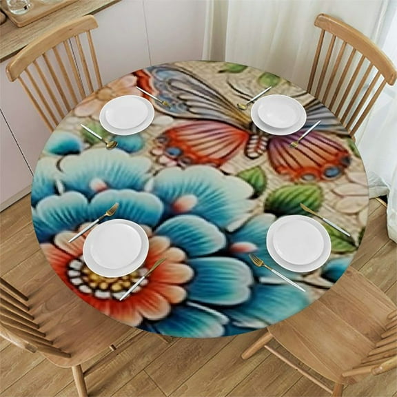 BANET Boho Fitted Round Tablecloth, Floral Bohemia Pattern Elastic Edged Table Cover for Party Dinner Room, Stain Proof Polyester Tablecloths, Fits Round Tables 46"-50