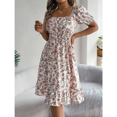 thumbnail image 5 of EASYBRA Women Floral A Line Dress Square Neck Short Sleeve Ruffle Waist Summer Midi Dress, 5 of 7