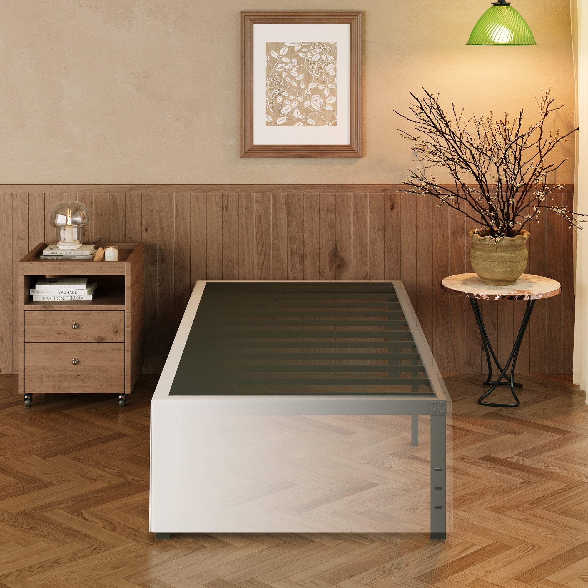 Maenizi 16 Inch Twin Bed Frames with White Skirt Cover, Metal Twin Size Bed Frame with Storage, Heavy Duty, No Box Spring Needed, Easy Assembly, Noise Free, Mattress Foundation