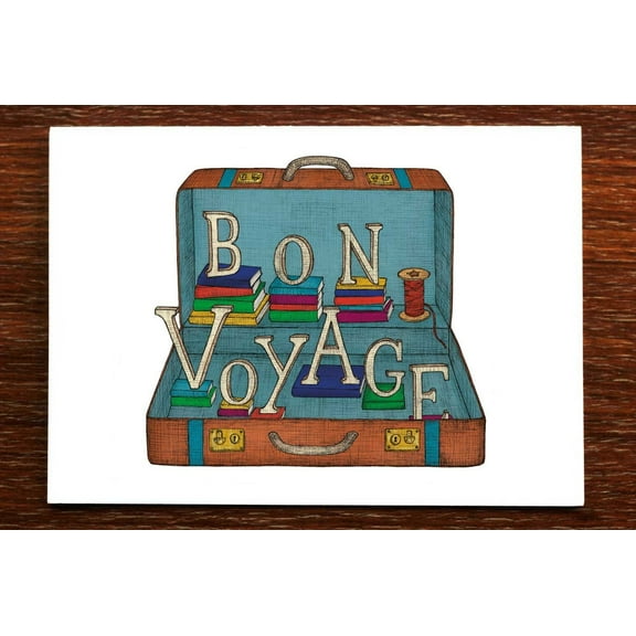 Bon Voyage Card – Illustrated Suitcase Design with Books – Perfect for Travel Enthusiasts, Farewell, or Good Luck on New Adventures