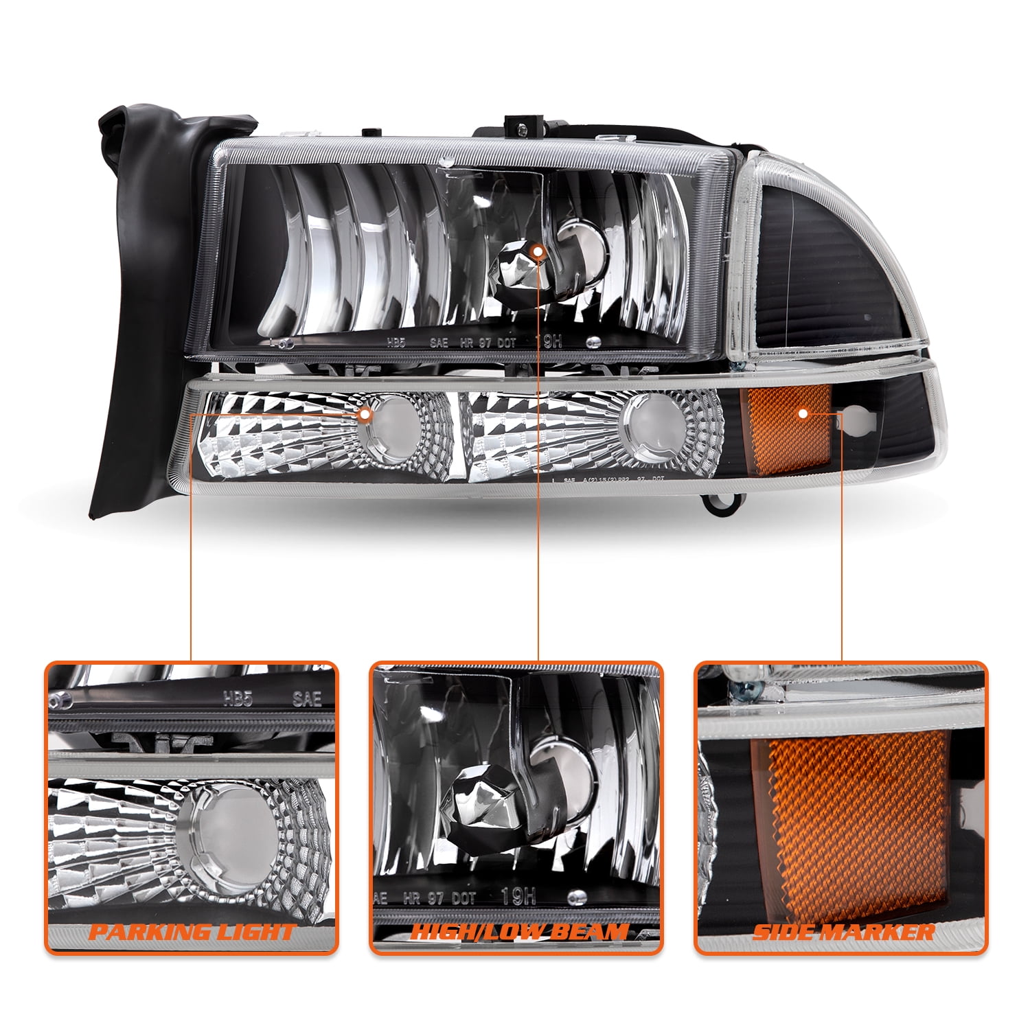For 97-04 Dodge Dakota 98-03 Dodge Durango Black Amber Headlights Assembly LH+RH