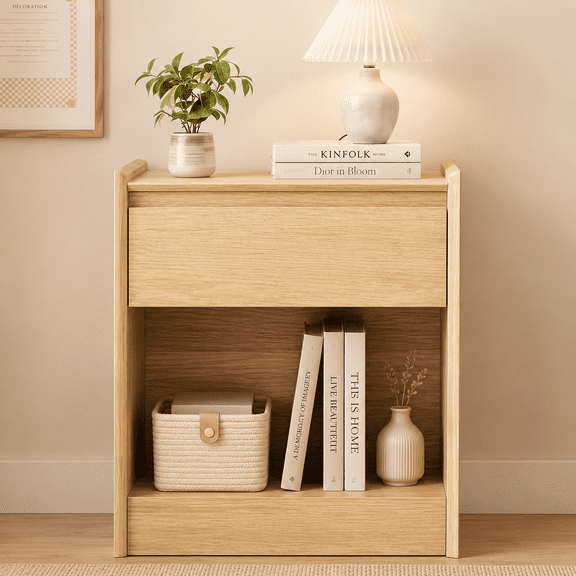VITALOOM Natural Oak Nightstand, 1 Drawer Bedside Table with Open Shelf and Raised-Edge Top, Japandi Modern Storage Cabinet