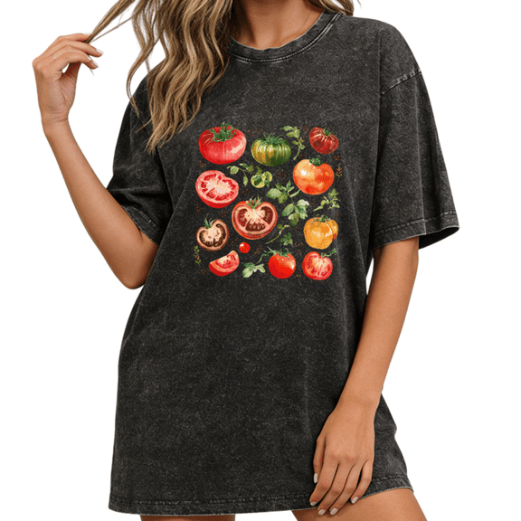 Women Vintage Tomato Watercolor Graphic Fun Tees Tops Round Neck Washed Cotton T-Shirt Black S-2XL Plus Size