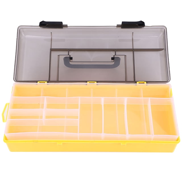 Caja de aparejos de pesca portátil amarilla, plegable, de plástico duradero, para almacenar señuelos y anzuelos