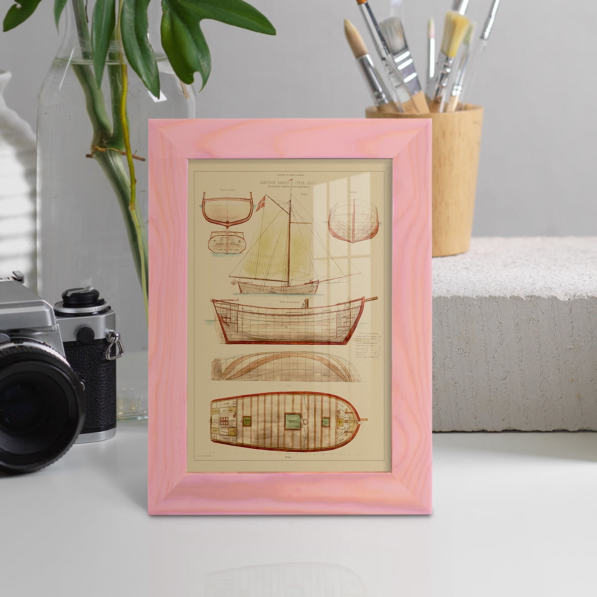 Antique Ship Plan III -Framed Print w/glass-Sunset Pink