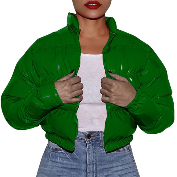 Baberdicy Lady Cotton Clothes Women Autumn and Winter Cotton Coat Shiny Metal Short Cotton Coat Essentials Women's Heavyweight Puffer Jacket Green