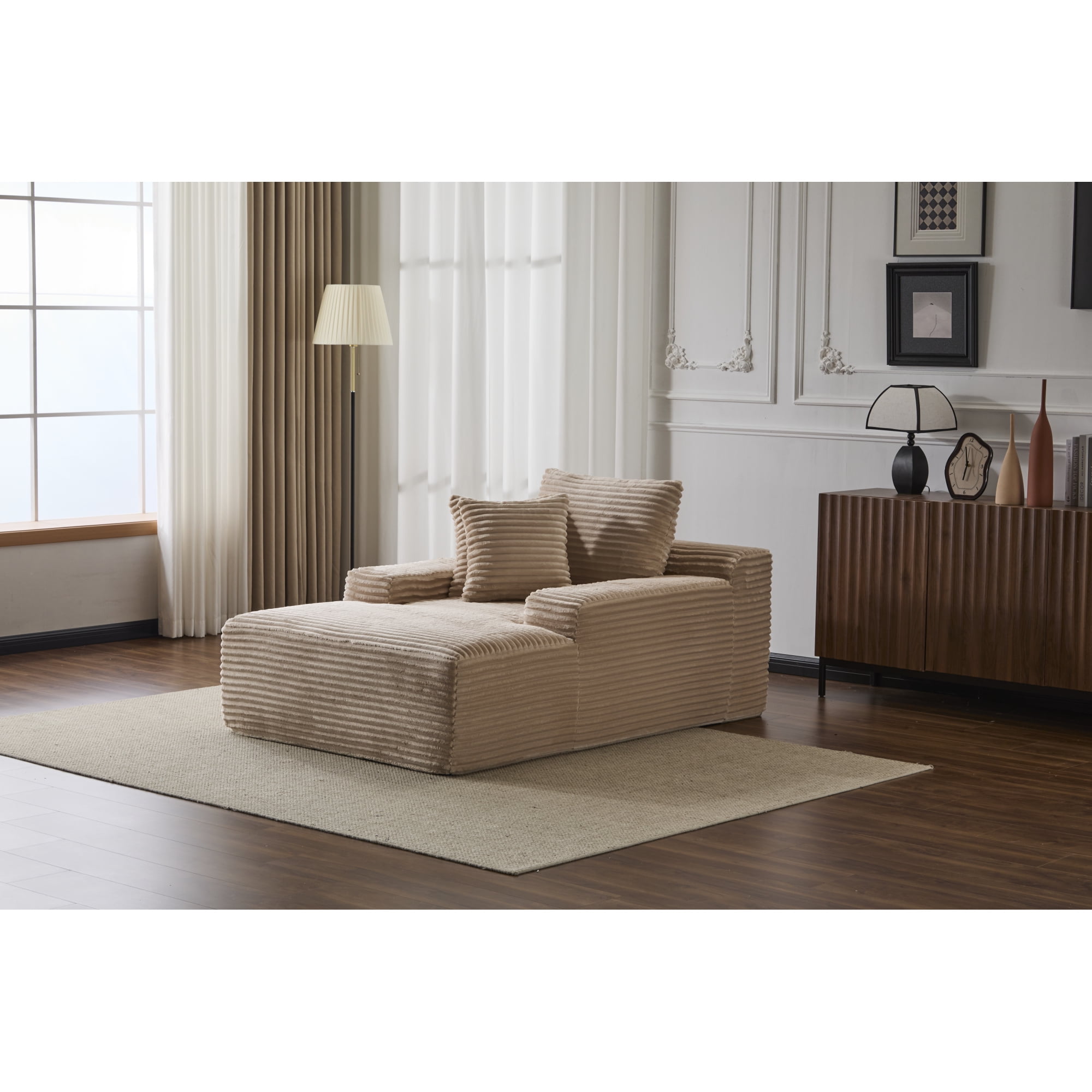 Leumius Oversized Chaise Lounge Indoor,Cozy Cloud Couch Modern Plush Corduroy Upholstered Sofa Bed with 3 Pillows and Wide Armrest for Living Room, No Assembly Required,Beige