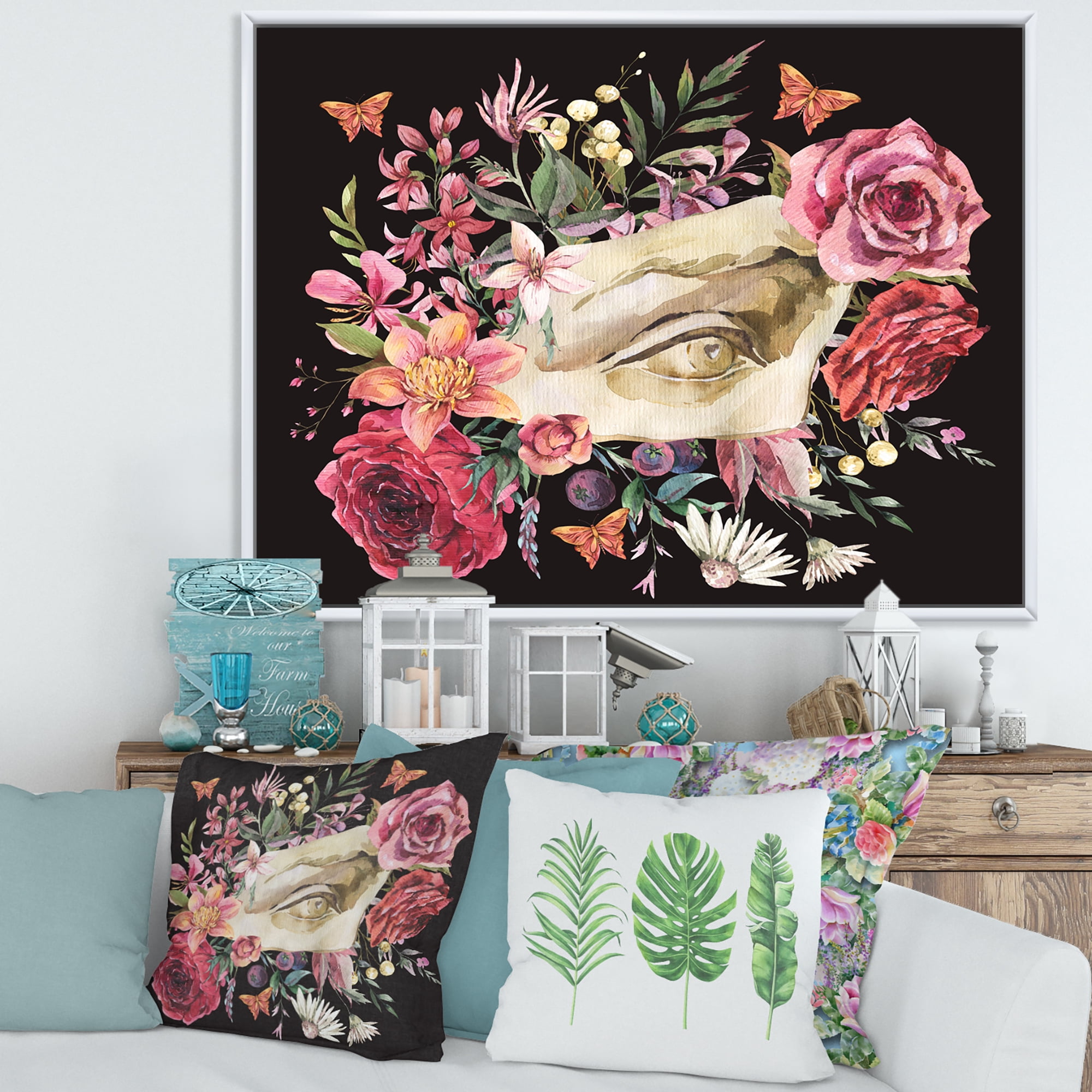 Designart 'Dried Wildflowers With Greek Sculpture David Eye' Farmhouse Framed Canvas Wall Art Print