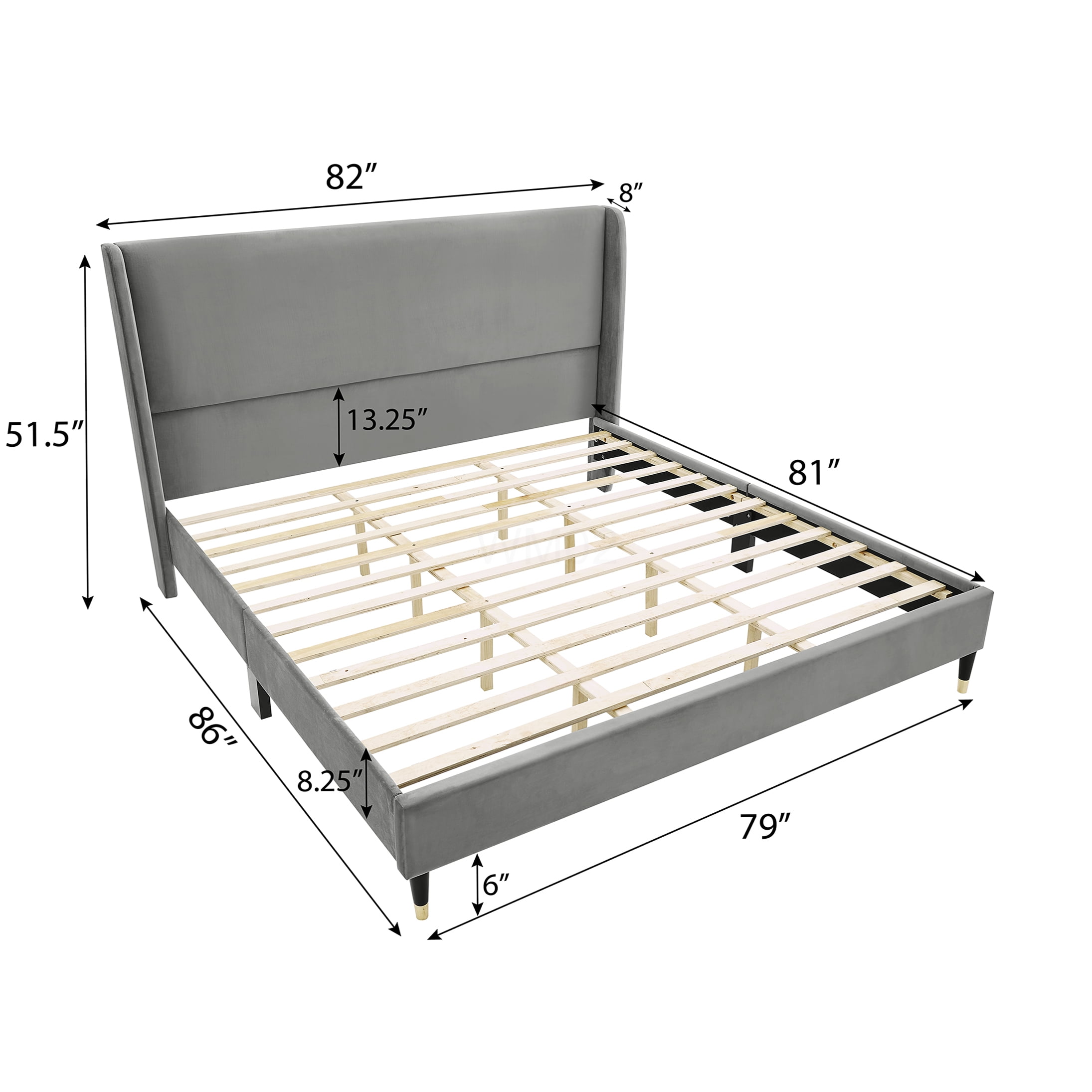 King Size Velvet Upholstered Platform Bed Frame with Wingback Headboard, Modern Gray Fabric Bed, No Box Spring Needed