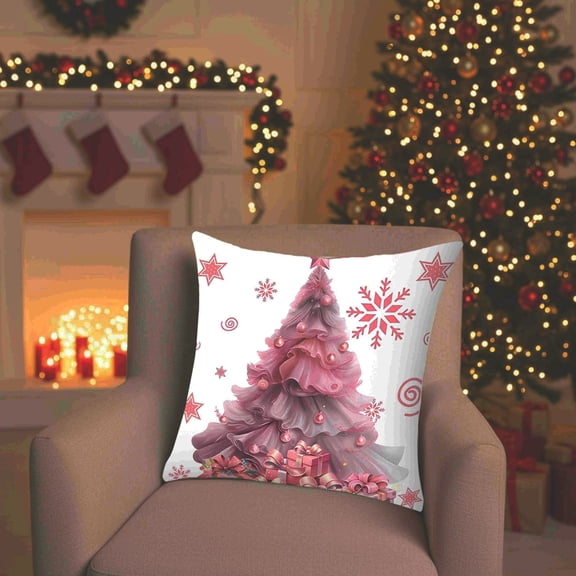 HCBY Pink Winter Christmas Tree Throw Pillow Cover, Soft Cute Xmas Tree Snowflakes Pillow Cases Kit, Holiday Happy Decor for Couch Sofa Living Room Porch Gift idea 17.7"