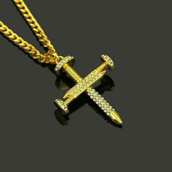Iced Out Bling Bling Nail Cross 14K Yellow Gold Pendant Necklace Mirco Pave Prong Setting Men Women Female Male Fashion Hip Hop Jewelry