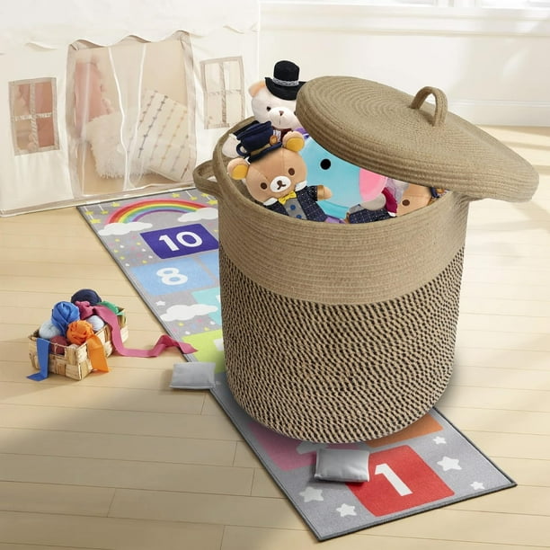 Large Storage Basket with Lid 16 Wx18 H Cotton Woven Rope Laundry Hamper Jute Laundry Basket Wicker Basket Blankets Pillows Toys Storage in Living Room Baby Nursery Jute Black Mix 60L Walmart Business...