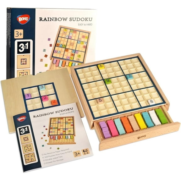 BOHS Wooden Rainbow Sudoku Puzzle - 3 in 1 Easy to Hard - with Sudoku Book of 320 Puzzles - Desktop Brain Teaser Game Toys