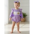 thumbnail image 3 of BemeyourBBs Newborn Baby Girl Mardi Gras Outfit They Found Me In A King Cake Bubble Romper Spring Summer Carnival Clothes Bow Front Ruffle Long Sleeve Bodysuit Headband, 3 of 8