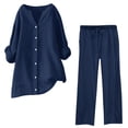 thumbnail image 1 of Conjuntos de 2 piezas para mujer: conjunto de blusa ancha y pantalones elásticos, camisa informal con cuello en V y pantalones para llevar en la calle o en la playa, poliéster, corte holgado, talla, 1 of 4