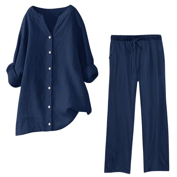 Conjuntos de 2 piezas para mujer: conjunto de blusa ancha y pantalones elásticos, camisa informal con cuello en V y pantalones para llevar en la calle o en la playa, poliéster, corte holgado, talla