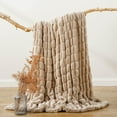 thumbnail image 2 of Beige Faux Fur Throw Blanket, Double Side Reversible Ruched Rabbit Fur Blanket for Couch, Bed, Cozy Soft Warm Mink Blanket, 50x60 Inches, 2 of 18