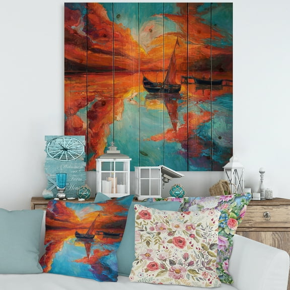 Designart 'Little Boat During Warm Deep Red Evening Glow' Nautical & Coastal Print on Natural Pine Wood