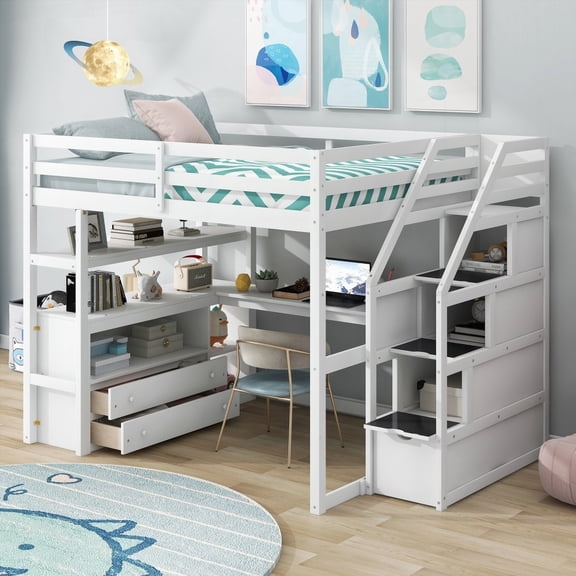 White Full Size Loft Bed Featuring Desk, Shelves & Storage Staircase - 2 Built-in Drawers