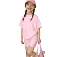 thumbnail image 2 of CPNG Girls Two Piece Sets Kids Solid Color Round-Necked Short Sleeve T-shirt and Elastic Waist Tight Shorts Summer Outfits(Pink,5-6 Years), 2 of 6