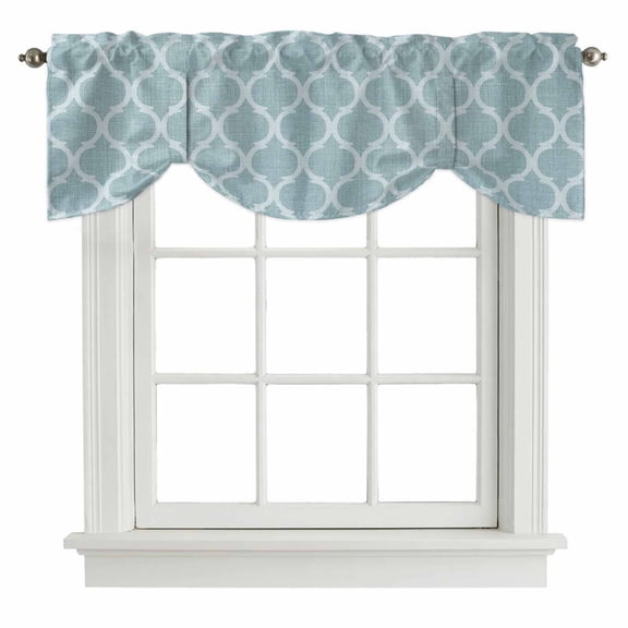 Tie Up Valances for Windows, Blue Moroccan Adjustable Valance Curtains Window Treatment for Living Room, Retro Country Geometric Quatrefoil Plaid Rod Pocket Kitchen Curtains & Drapes 42x12 Inch