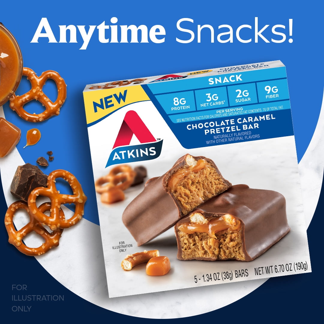 Atkins Snack Bar, High Protein, Low Carb, Chocolate Caramel Pretzel, 5 Ct