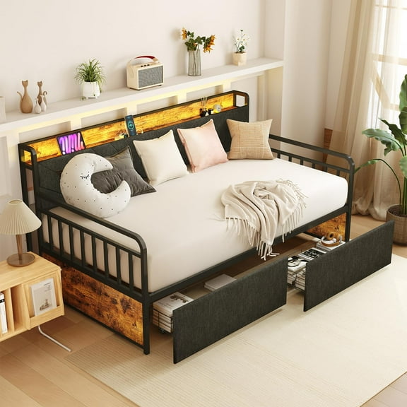 ZIVACATE Twin Daybed with Drawers, Metal Sofa Bed Frame with Upholstered Headboards & Charging Station, Day Bed Frame with Storage for Living Room, Bedroom, Apartment, Rustic Brown