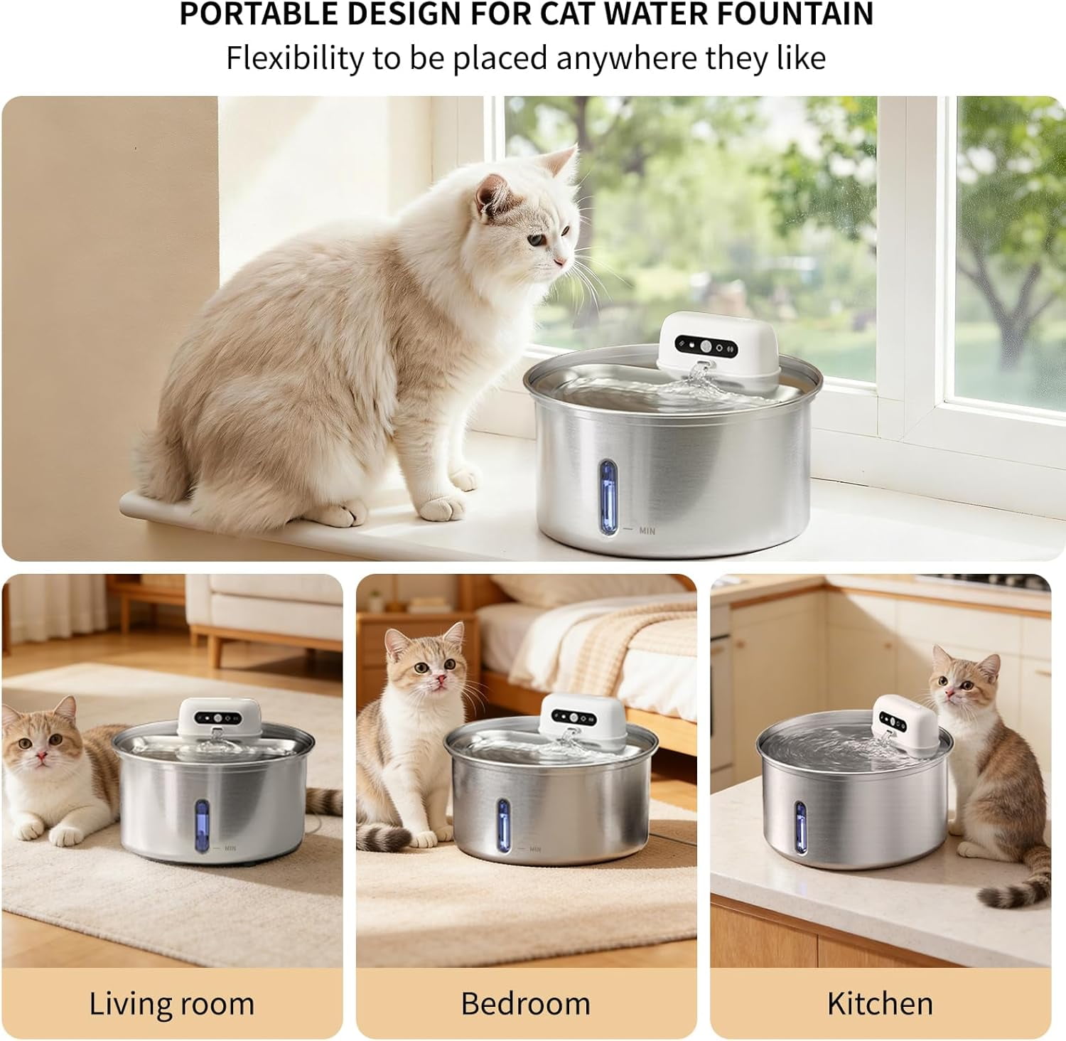 ZKSCOOL Wireless Cat Water Fountain, 108oz/3.2L Battery Operated Pet Water Fountain, Stainless Steel Dog Water Dispenser with Motion Sensor, Quiet Cordless Cat Fountain for Inside